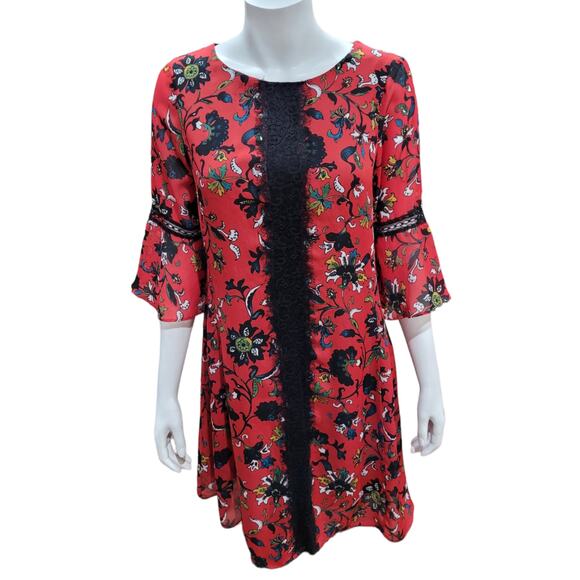 Gabby Skye Red Floral Boho Midi Dress Size 12 3/4 Bell Sleeve Flowy Dopamine - Picture 1 of 10